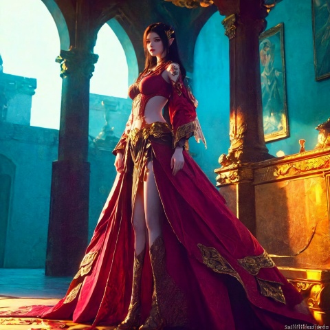  1 sexy girl,(pixie_hair=1.331),（standing in a castle=1.3),(fancy cloth=1.3）,full_body,[master piece:1.2],best quality,extremely detailed CG,perfect lighting,8k wallpaper,photograph,3D,(tatoo=1.3),(satisified=1.3),short skirt

