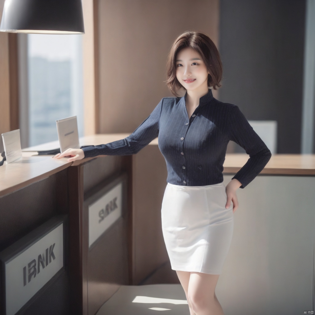  1 sexy girl,(short_hair=1.331),(standing in bank front desk=1.3),full_body,[master piece:1.2],best quality,extremely detailed CG,perfect lighting,8k wallpaper,photograph,3D,(silly_smile),(black_hair),nsfw,(wear bank uniform=1.3)
