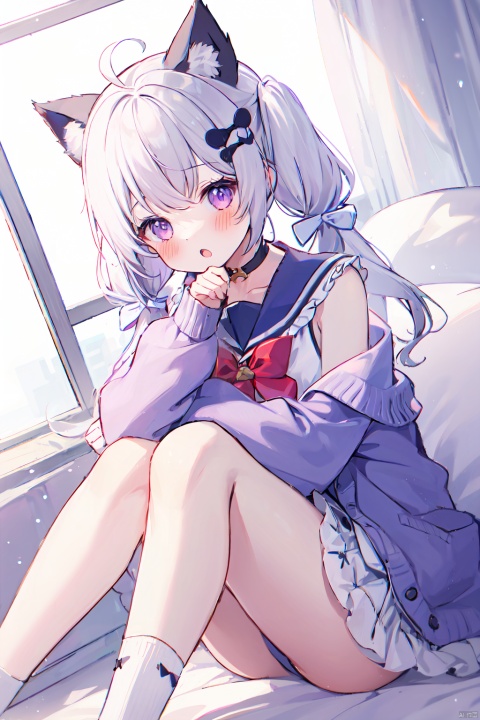 1girl, solo, long hair, looking at viewer, blush, open mouth, bangs, hair ornament, long sleeves, dress, bow, ribbon, animal ears, twintails, sitting, purple eyes, ahoge, white hair, hair bow, thighs, frills, open clothes, sleeveless, socks, virtual youtuber, cat ears, sailor collar, off shoulder, white dress, :o, plaid, low twintails, blue bow, cardigan, cat girl, knees up, sailor dress