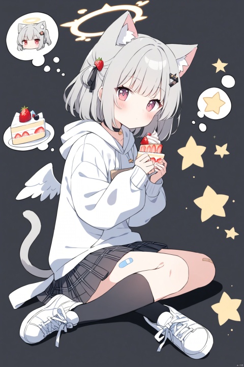  1girl, solo, blush, bangs, skirt, simple background, hair ornament, red eyes, long sleeves, holding, animal ears, sitting, closed mouth, tail, full body, grey hair, food, wings, shoes, choker, socks, hairclip, cat ears, hood, pink eyes, grey background, star \(symbol\), apron, from side, blue skirt, cat tail, hands up, kneehighs, sparkle, hoodie, black choker, halo, wariza, white footwear, hood down, cat girl, black background, black socks, sneakers, bandaid, cake, angel wings, thought bubble, white hoodie, bandaid on leg, mini wings, cake slice, strawberry shortcake
