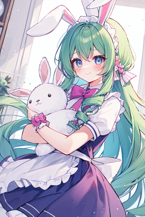 1girl, solo, long hair, looking at viewer, blush, smile, bangs, blue eyes, skirt, shirt, bow, holding, animal ears, very long hair, closed mouth, white shirt, short sleeves, hair bow, heart, pantyhose, pleated skirt, frills, green hair, puffy sleeves, rabbit ears, apron, puffy short sleeves, wrist cuffs, animal, blue bow, drill hair, stuffed toy, stuffed animal, frilled skirt, waist apron, white apron, purple skirt, frilled apron, purple bow, rabbit, :t, object hug, pout, stuffed bunny