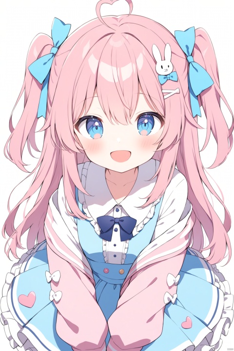  1girl, solo, long hair, looking at viewer, blush, smile, open mouth, bangs, blue eyes, simple background, hair ornament, long sleeves, white background, dress, bow, hair between eyes, jacket, pink hair, ahoge, :d, hair bow, heart, frills, open clothes, hairclip, virtual youtuber, off shoulder, two side up, blue dress, blue bow, frilled dress, pink jacket, rabbit hair ornament, heart ahoge