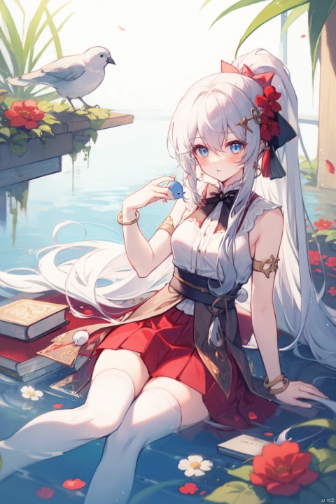 1girl, solo, long hair, breasts, looking at viewer, blush, bangs, blue eyes, skirt, hair ornament, thighhighs, dress, bow, hair between eyes, bare shoulders, sitting, very long hair, ponytail, flower, white hair, pleated skirt, small breasts, parted lips, sleeveless, hand up, hair flower, water, bracelet, white thighhighs, book, sash, black bow, sleeveless dress, red skirt, bird, animal, white flower, red flower, tassel, armlet, reflection