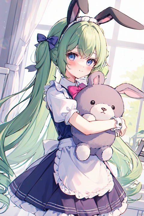 1girl, solo, long hair, looking at viewer, blush, smile, bangs, blue eyes, skirt, shirt, bow, holding, animal ears, very long hair, closed mouth, white shirt, short sleeves, hair bow, heart, pantyhose, pleated skirt, frills, green hair, puffy sleeves, rabbit ears, apron, puffy short sleeves, wrist cuffs, animal, blue bow, drill hair, stuffed toy, stuffed animal, frilled skirt, waist apron, white apron, purple skirt, frilled apron, purple bow, rabbit, :t, object hug, pout, stuffed bunny