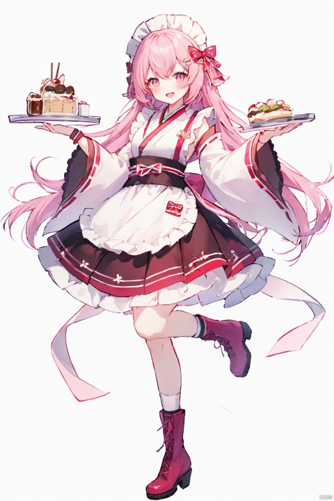 1girl, solo, long hair, looking at viewer, blush, smile, open mouth, bangs, skirt, long sleeves, white background, bow, holding, hair between eyes, very long hair, standing, full body, pink hair, :d, hair bow, pleated skirt, boots, frills, detached sleeves, food, japanese clothes, sleeveless, socks, virtual youtuber, wide sleeves, kimono, apron, sleeves past wrists, standing on one leg, single thighhigh, waist apron, white apron, hair flaps, cross-laced footwear, sleeves past fingers, tray, frilled apron, pink footwear, lace-up boots, holding tray, pink kimono, sleeveless kimono, parfait, wa maid, pink sleeves