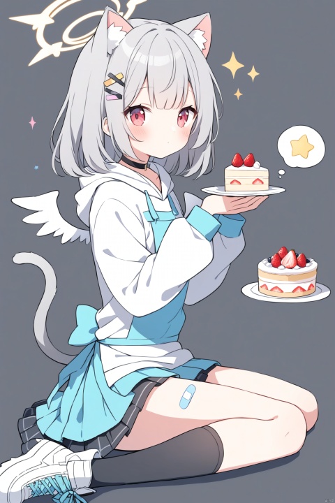  1girl, solo, blush, bangs, skirt, simple background, hair ornament, red eyes, long sleeves, holding, animal ears, sitting, closed mouth, tail, full body, grey hair, food, wings, shoes, choker, socks, hairclip, cat ears, hood, pink eyes, grey background, star \(symbol\), apron, from side, blue skirt, cat tail, hands up, kneehighs, sparkle, hoodie, black choker, halo, wariza, white footwear, hood down, cat girl, black background, black socks, sneakers, bandaid, cake, angel wings, thought bubble, white hoodie, bandaid on leg, mini wings, cake slice, strawberry shortcake