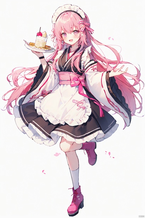 1girl, solo, long hair, looking at viewer, blush, smile, open mouth, bangs, skirt, long sleeves, white background, bow, holding, hair between eyes, very long hair, standing, full body, pink hair, :d, hair bow, pleated skirt, boots, frills, detached sleeves, food, japanese clothes, sleeveless, socks, virtual youtuber, wide sleeves, kimono, apron, sleeves past wrists, standing on one leg, single thighhigh, waist apron, white apron, hair flaps, cross-laced footwear, sleeves past fingers, tray, frilled apron, pink footwear, lace-up boots, holding tray, pink kimono, sleeveless kimono, parfait, wa maid, pink sleeves