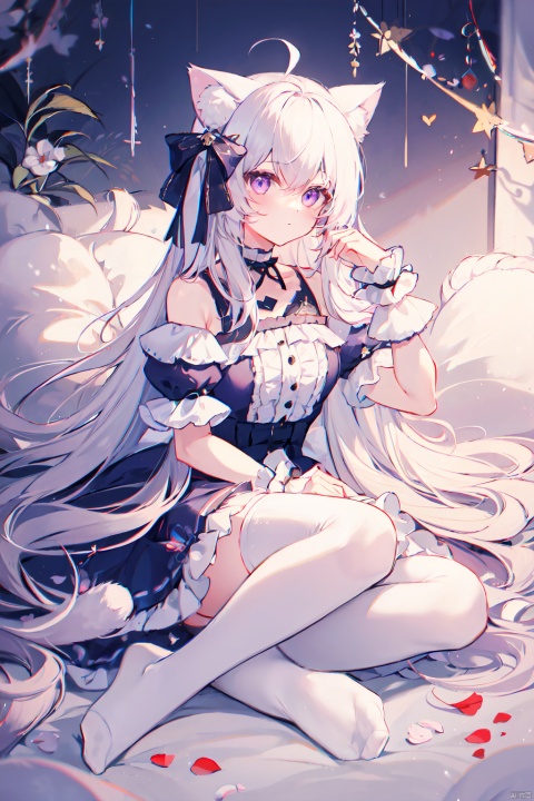  1girl, solo, long hair, looking at viewer, bangs, hair ornament, thighhighs, dress, bow, ribbon, animal ears, hair between eyes, bare shoulders, sitting, very long hair, closed mouth, purple eyes, tail, full body, flower, ahoge, white hair, short sleeves, hair bow, frills, detached sleeves, choker, puffy sleeves, virtual youtuber, cat ears, white dress, feet, white thighhighs, puffy short sleeves, cat tail, animal ear fluff, wrist cuffs, no shoes, soles, frilled dress, cat girl, tail ornament, tail bow