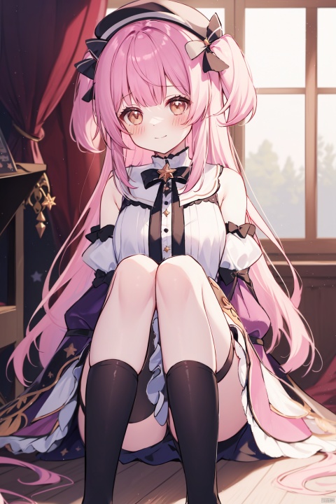 1girl, solo, long hair, looking at viewer, blush, smile, bangs, shirt, thighhighs, long sleeves, hat, dress, bow, bare shoulders, brown eyes, sitting, closed mouth, pink hair, purple hair, hair bow, detached sleeves, sleeveless, socks, puffy sleeves, black thighhighs, indoors, virtual youtuber, star \(symbol\), blurry, two side up, sleeves past wrists, window, sleeveless shirt, black headwear, bell, black bow, depth of field, blurry background, beret, no shoes, single thighhigh, knees up, puffy long sleeves, asymmetrical legwear, pink sleeves