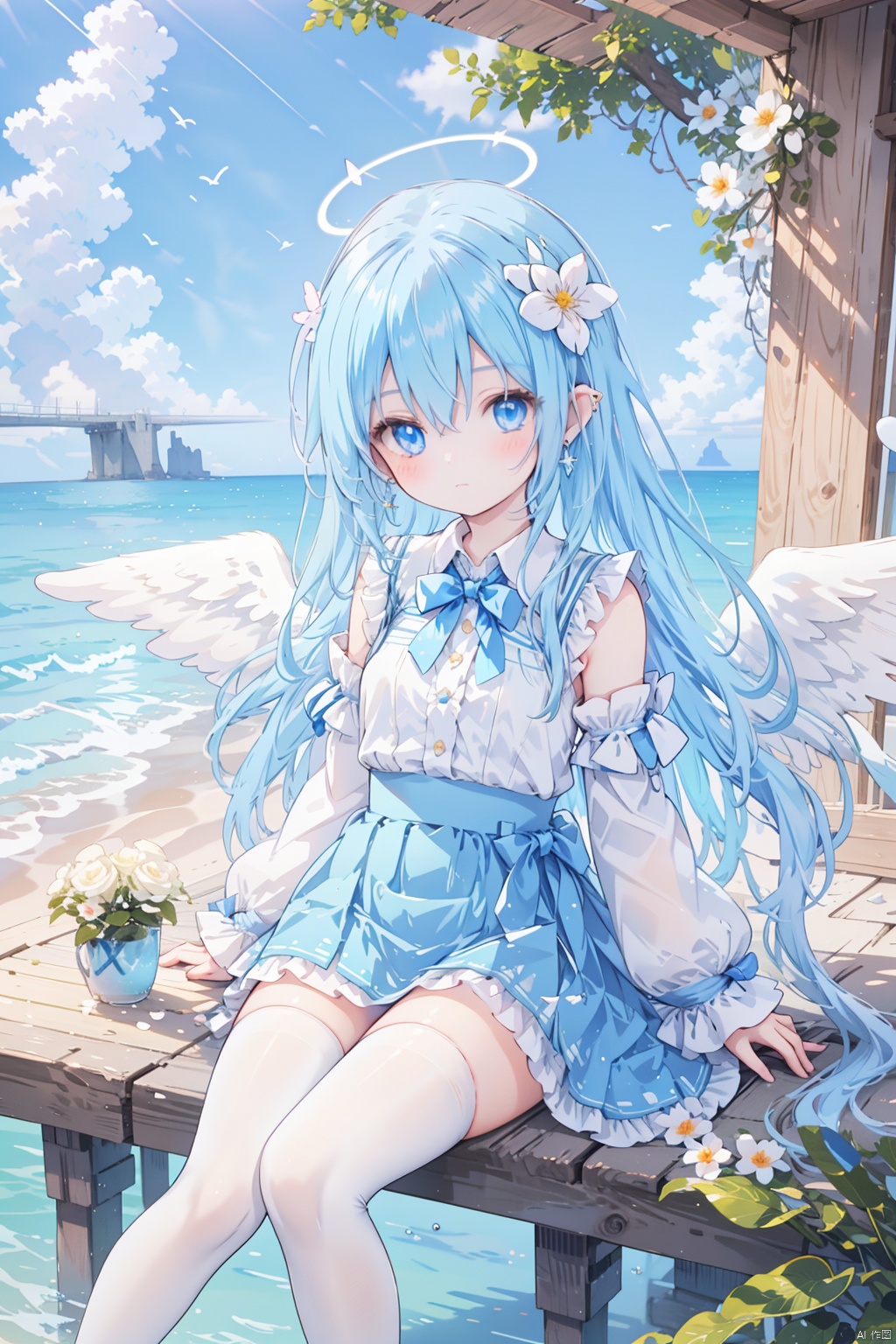  1girl,solo,long hair,breasts,looking at viewer,blush,bangs,blue eyes,skirt,shirt,hair ornament,thighhighs,long sleeves,bow,hair between eyes,jewelry,sitting,closed mouth,blue hair,white shirt,flower,earrings,small breasts,outdoors,frills,detached sleeves,wings,sky,day,cloud,hair flower,bowtie,water,white thighhighs,blue skirt,feet out of frame,ocean,halo,blue bow,frilled skirt,white flower,frilled sleeves,feathered wings,white sleeves,high-waist skirt,angel wings,white wings,blue bowtie,