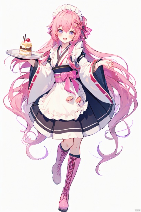  1girl, solo, long hair, looking at viewer, blush, smile, open mouth, bangs, skirt, long sleeves, white background, bow, holding, hair between eyes, very long hair, standing, full body, pink hair, :d, hair bow, pleated skirt, boots, frills, detached sleeves, food, japanese clothes, sleeveless, socks, virtual youtuber, wide sleeves, kimono, apron, sleeves past wrists, standing on one leg, single thighhigh, waist apron, white apron, hair flaps, cross-laced footwear, sleeves past fingers, tray, frilled apron, pink footwear, lace-up boots, holding tray, pink kimono, sleeveless kimono, parfait, wa maid, pink sleeves