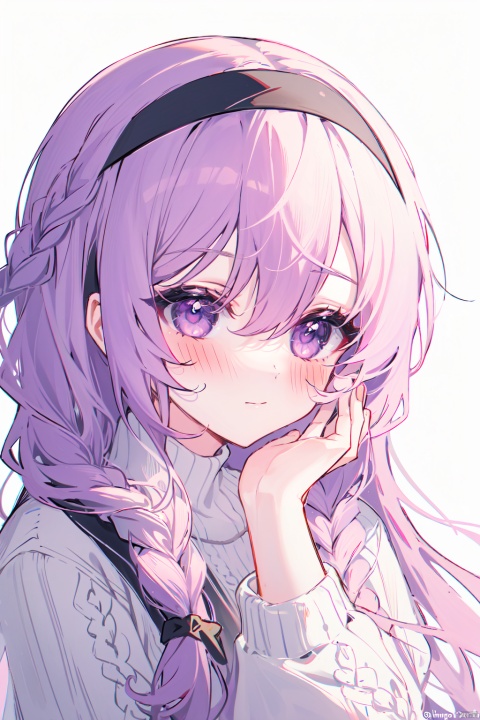 1girl, solo, long hair, looking at viewer, blush, bangs, simple background, long sleeves, white background, hair between eyes, closed mouth, purple eyes, upper body, pink hair, braid, white hair, hairband, twitter username, sweater, black hairband, hand on own face