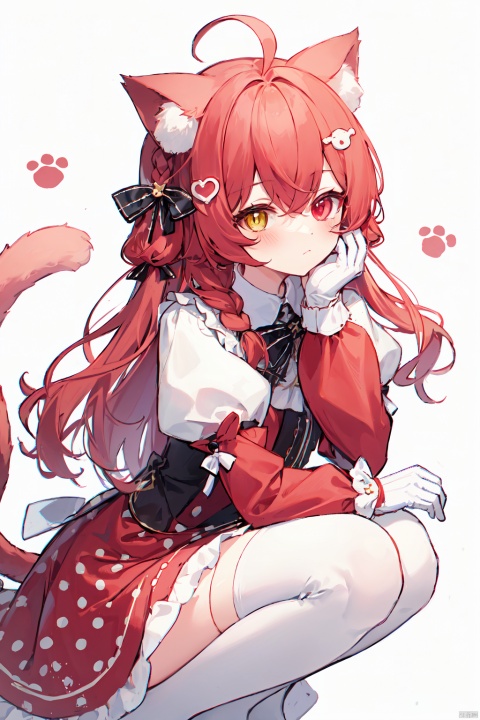 1girl, solo, looking at viewer, bangs, hair ornament, red eyes, thighhighs, gloves, long sleeves, white background, dress, bow, animal ears, hair between eyes, closed mouth, tail, yellow eyes, braid, ahoge, red hair, frills, puffy sleeves, cat ears, white gloves, white thighhighs, two side up, animal ear fluff, heterochromia, squatting, cat, polka dot, hand on own face, puffy long sleeves, food-themed hair ornament, white cat, polka dot dress, strawberry hair ornament