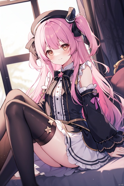  1girl, solo, long hair, looking at viewer, blush, smile, bangs, shirt, thighhighs, long sleeves, hat, dress, bow, bare shoulders, brown eyes, sitting, closed mouth, pink hair, purple hair, hair bow, detached sleeves, sleeveless, socks, puffy sleeves, black thighhighs, indoors, virtual youtuber, star \(symbol\), blurry, two side up, sleeves past wrists, window, sleeveless shirt, black headwear, bell, black bow, depth of field, blurry background, beret, no shoes, single thighhigh, knees up, puffy long sleeves, asymmetrical legwear, pink sleeves