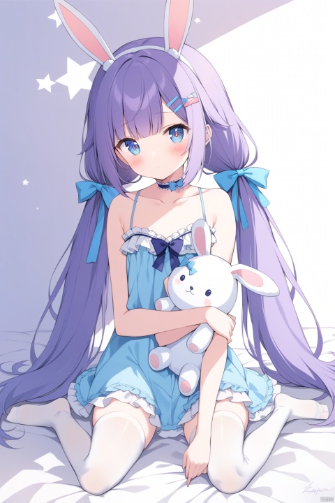 full body,(beautiful detailed face, beautiful detailed eyes),
1girl,solo,thighhighs,twintails,sitting,wariza,bangs,bow,blush,bandaid,hairclip,signature,pillow,collarbone,choker,holding,frills,babydoll,ribbon,animal ears,stuffed toy,stuffed animal,stuffed bunny,blue eyes,long hair,hair ornament,rabbit ears,object hug,white thighhighs,no shoes,purple hair,looking at viewer,very long hair,low twintails,bare shoulders,closed mouth,holding stuffed toy,hair bow,full body,bed sheet,star (symbol),hair ribbon