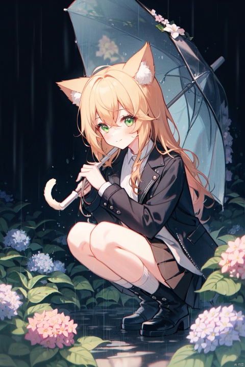 1girl, solo, long hair, looking at viewer, blush, smile, bangs, skirt, blonde hair, shirt, long sleeves, holding, animal ears, hair between eyes, closed mouth, green eyes, jacket, white shirt, flower, pleated skirt, boots, outdoors, open clothes, socks, puffy sleeves, cat ears, black skirt, black footwear, open jacket, black jacket, umbrella, squatting, black socks, rain, holding umbrella, purple flower, transparent, hydrangea, transparent umbrella
