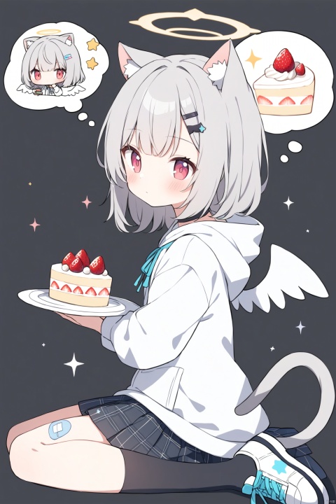 1girl, solo, blush, bangs, skirt, simple background, hair ornament, red eyes, long sleeves, holding, animal ears, sitting, closed mouth, tail, full body, grey hair, food, wings, shoes, choker, socks, hairclip, cat ears, hood, pink eyes, grey background, star \(symbol\), apron, from side, blue skirt, cat tail, hands up, kneehighs, sparkle, hoodie, black choker, halo, wariza, white footwear, hood down, cat girl, black background, black socks, sneakers, bandaid, cake, angel wings, thought bubble, white hoodie, bandaid on leg, mini wings, cake slice, strawberry shortcake