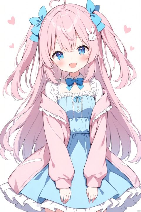 1girl, solo, long hair, looking at viewer, blush, smile, open mouth, bangs, blue eyes, simple background, hair ornament, long sleeves, white background, dress, bow, hair between eyes, jacket, pink hair, ahoge, :d, hair bow, heart, frills, open clothes, hairclip, virtual youtuber, off shoulder, two side up, blue dress, blue bow, frilled dress, pink jacket, rabbit hair ornament, heart ahoge
