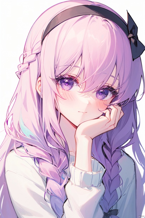1girl, solo, long hair, looking at viewer, blush, bangs, simple background, long sleeves, white background, hair between eyes, closed mouth, purple eyes, upper body, pink hair, braid, white hair, hairband, twitter username, sweater, black hairband, hand on own face