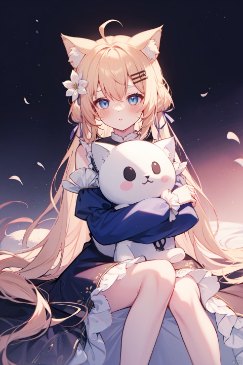 1girl, solo, long hair, looking at viewer, blush, bangs, blue eyes, blonde hair, hair ornament, long sleeves, white background, dress, ribbon, animal ears, bare shoulders, very long hair, flower, ahoge, parted lips, detached sleeves, sleeveless, hairclip, puffy sleeves, virtual youtuber, cat ears, hair flower, white dress, animal ear fluff, see-through, sleeves past wrists, sleeveless dress, feet out of frame, stuffed toy, stuffed animal, white flower, puffy long sleeves, pink ribbon, object hug, see-through sleeves