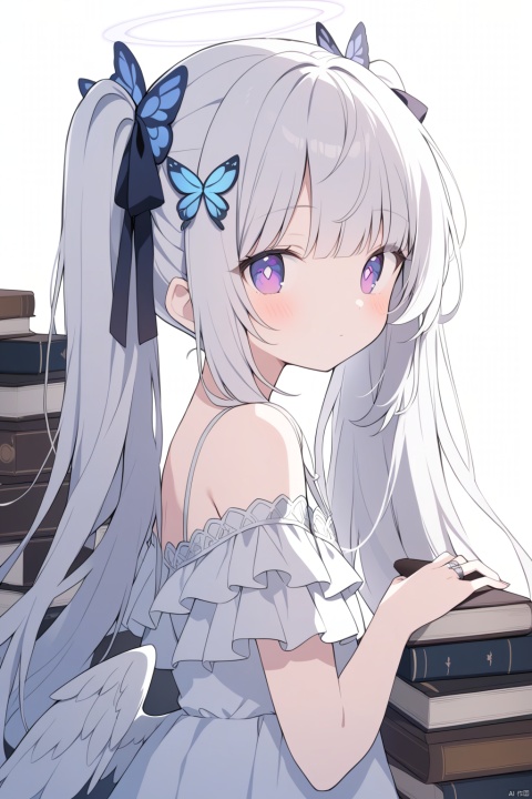 1girl, solo, long hair, looking at viewer, blush, bangs, hair ornament, white background, dress, ribbon, holding, bare shoulders, twintails, jewelry, closed mouth, purple eyes, hair ribbon, upper body, white hair, wings, white dress, from side, looking to the side, book, symbol-shaped pupils, ring, feathered wings, angel wings, multicolored eyes, white wings, butterfly hair ornament, book stack, white theme