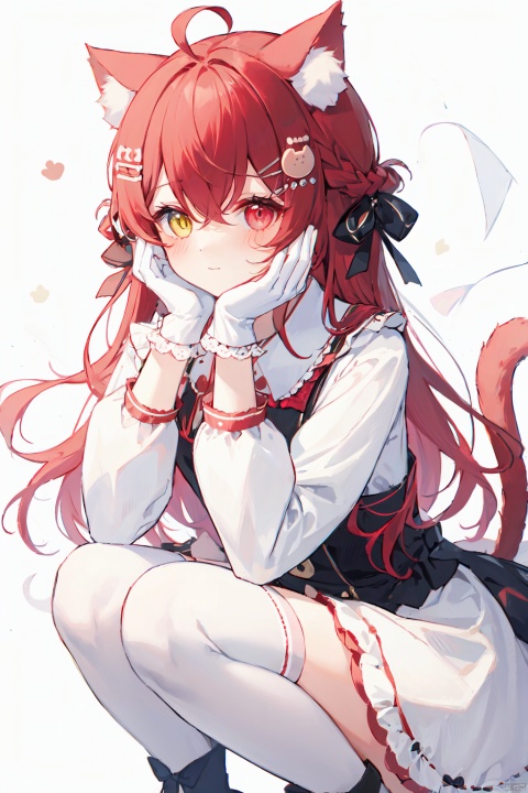  1girl, solo, looking at viewer, bangs, hair ornament, red eyes, thighhighs, gloves, long sleeves, white background, dress, bow, animal ears, hair between eyes, closed mouth, tail, yellow eyes, braid, ahoge, red hair, frills, puffy sleeves, cat ears, white gloves, white thighhighs, two side up, animal ear fluff, heterochromia, squatting, cat, polka dot, hand on own face, puffy long sleeves, food-themed hair ornament, white cat, polka dot dress, strawberry hair ornament
