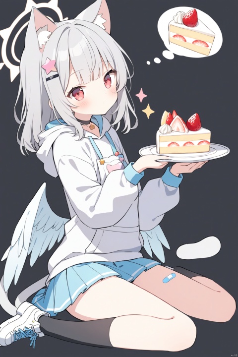 1girl, solo, blush, bangs, skirt, simple background, hair ornament, red eyes, long sleeves, holding, animal ears, sitting, closed mouth, tail, full body, grey hair, food, wings, shoes, choker, socks, hairclip, cat ears, hood, pink eyes, grey background, star \(symbol\), apron, from side, blue skirt, cat tail, hands up, kneehighs, sparkle, hoodie, black choker, halo, wariza, white footwear, hood down, cat girl, black background, black socks, sneakers, bandaid, cake, angel wings, thought bubble, white hoodie, bandaid on leg, mini wings, cake slice, strawberry shortcake