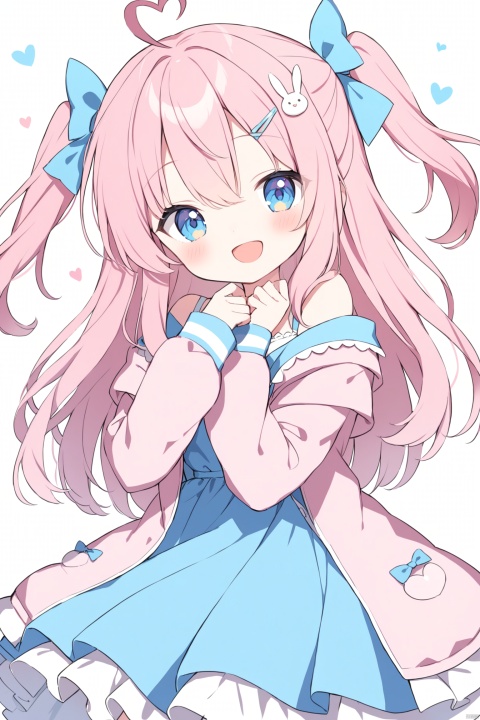  1girl, solo, long hair, looking at viewer, blush, smile, open mouth, bangs, blue eyes, simple background, hair ornament, long sleeves, white background, dress, bow, hair between eyes, jacket, pink hair, ahoge, :d, hair bow, heart, frills, open clothes, hairclip, virtual youtuber, off shoulder, two side up, blue dress, blue bow, frilled dress, pink jacket, rabbit hair ornament, heart ahoge