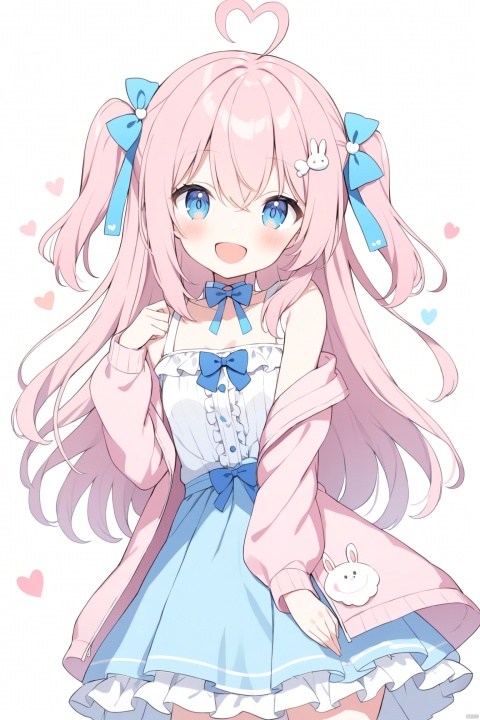 1girl, solo, long hair, looking at viewer, blush, smile, open mouth, bangs, blue eyes, simple background, hair ornament, long sleeves, white background, dress, bow, hair between eyes, jacket, pink hair, ahoge, :d, hair bow, heart, frills, open clothes, hairclip, virtual youtuber, off shoulder, two side up, blue dress, blue bow, frilled dress, pink jacket, rabbit hair ornament, heart ahoge