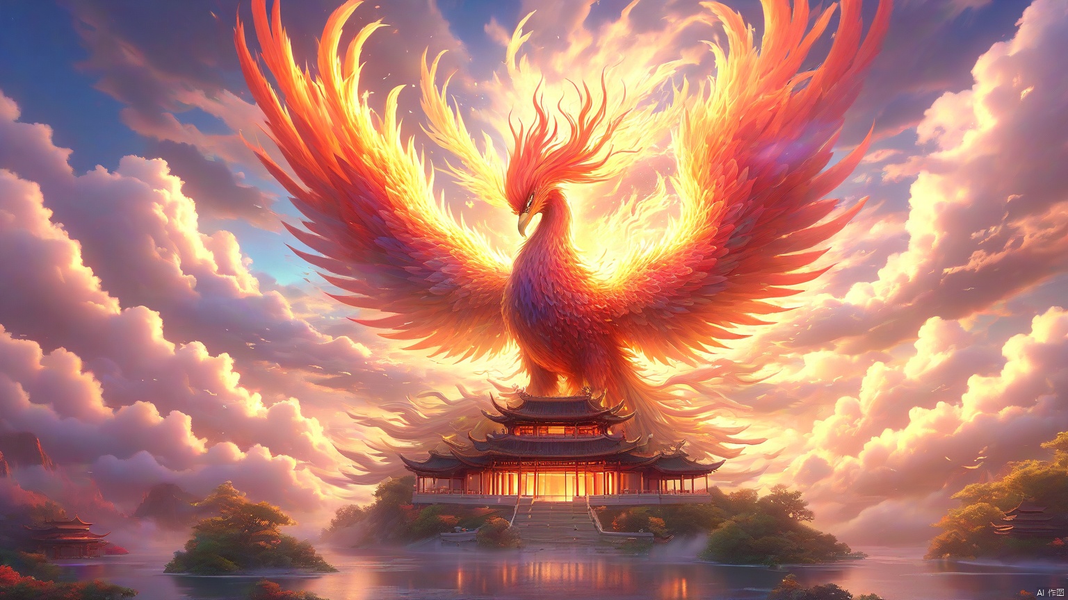  phoenix,Colorful phoenix,Colorful divine light,Clouds and mist wreathed the air,Celestial Mountain,Chinese pavilion,4K, , Multicolored glow,The cloud Ting Sky Pool