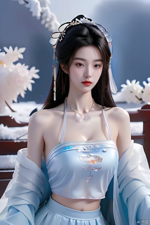  girlA 19 year old Chinese girl wearing a necklace, inspired by Sim Sa jeong, Azure. Long hair, winter prince,wathet bra，Goddess without makeup
