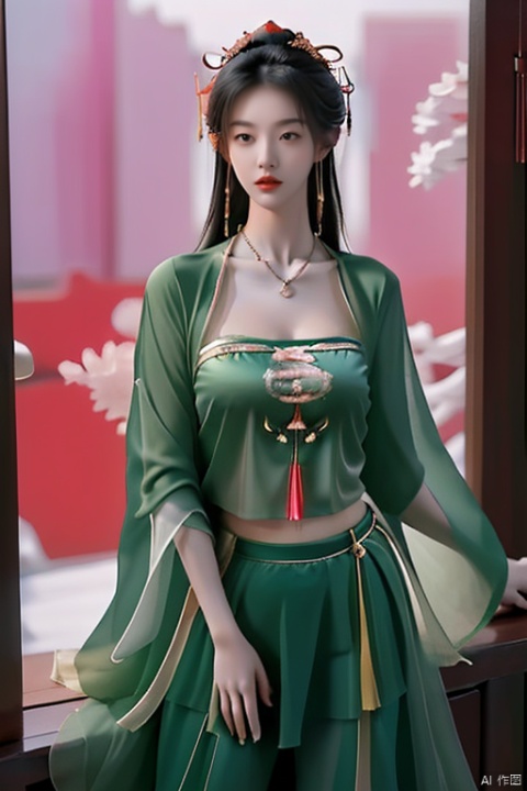  girlA 19 year old Chinese girl wearing a necklace, No makeup goddess green gauze blouse, red Juan skirt,