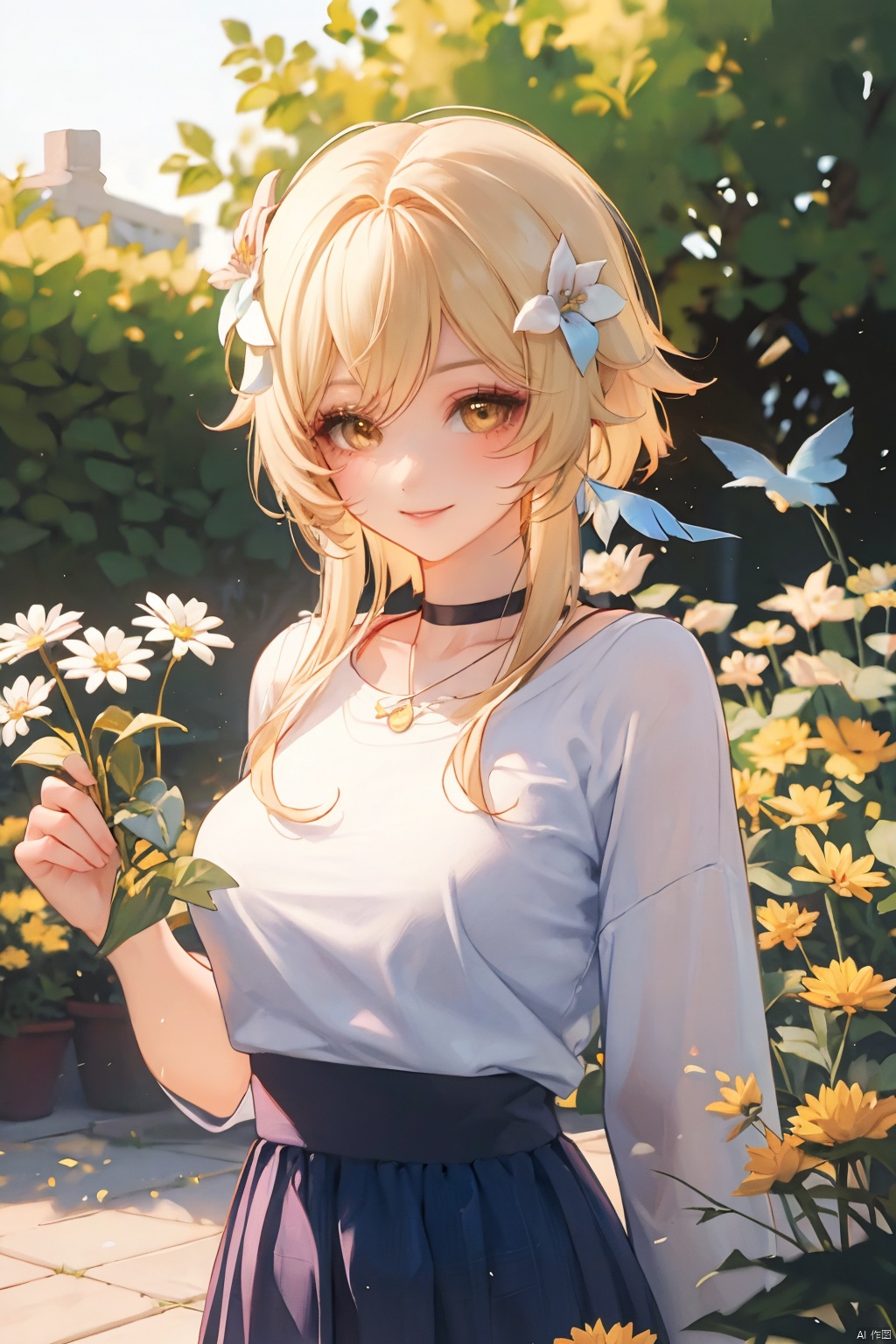 (best quanlity）a 18 years old girl, yellow hair with white flower, gardening, happily smile, out door
