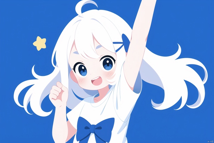  1girl, solo, long hair, looking at viewer, blush, smile, open mouth, bangs, blue eyes, simple background, shirt, hair ornament, bow, white shirt, upper body, ahoge, white hair, short sleeves, :d, hair bow, teeth, arm up, upper teeth only, blue background, blue bow, blush stickers, x hair ornament, clenched hand, clenched hands