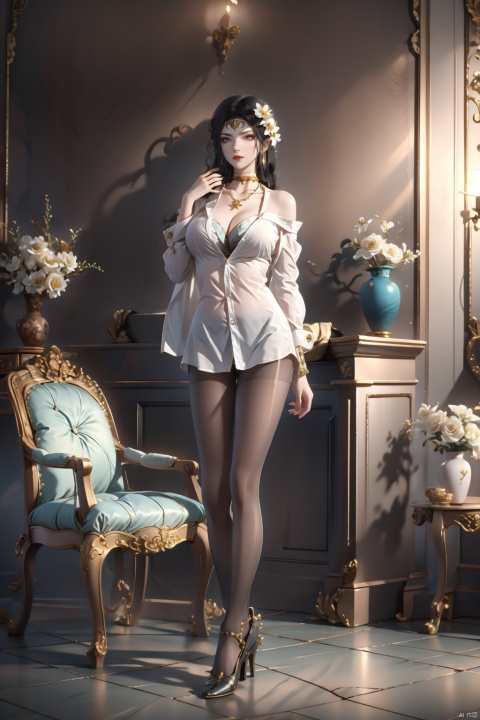  1girl, solo, long hair, breasts, looking at viewer, shirt, black hair, cleavage, bare shoulders, jewelry, standing, collarbone, full body, white shirt, flower, pantyhose, earrings, parted lips, indoors, hand up, necklace, black footwear, high heels, lips, black pantyhose, chair, red lips, vase