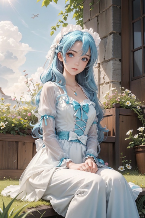  High detailed, masterpiece,Sunny day,Behind the sun, Flowers grass background, (dusk), onegirl, Look at viewer,(Cyan long Hair), blue pupil, Sit down, (White-transparent Lolita),Delicate skin, Eye details, 4k, best quality, Extreme detail, Origina, lIllustration