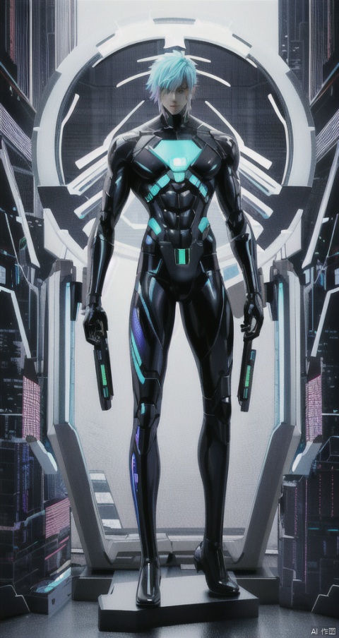 Cyberpunk, male, half machine half human, clean color scheme, neat environment, digital human, tall stature, perfect proportions