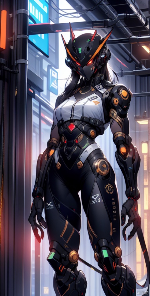 zavy-cbrpnk,cyberpunk humanoid robot,A (cute black haired woman),photorealistic, Mecha, cyberpunk, ambient soft lighting, sci-fi, science fiction