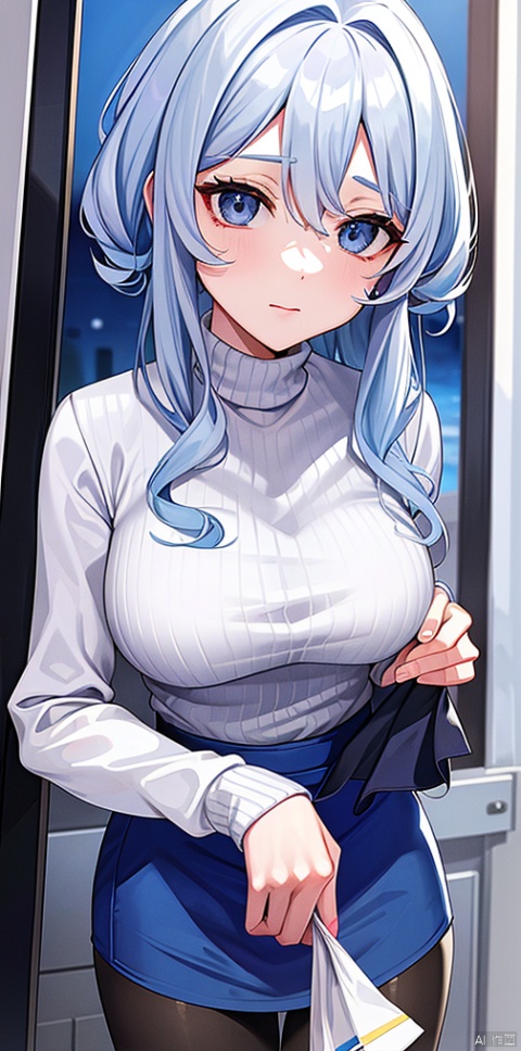  best quality, masterpiece, silver hair, sweater, pantyhose, blue eyes, mature, office lady, 【light blue jacket】, (vibrant colors), solo, office, modern office, high-rise, colorfulroom,,masterpiece,bestquality,泪痣,lachrymal mole