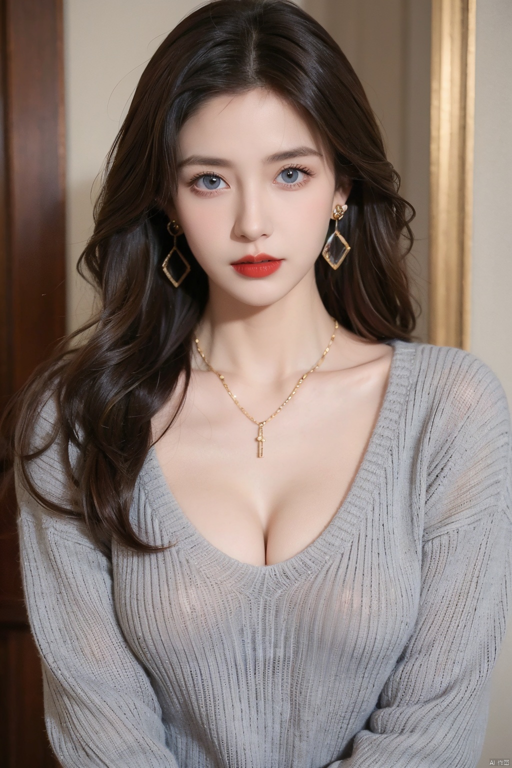1girl, solo, long hair, breasts, looking at viewer, blue eyes, brown hair, black hair, cleavage, jewelry, medium breasts, collarbone, upper body, earrings, parted lips, indoors, signature, necklace, blurry, sweater, lips, realistic, red lips, grey sweater