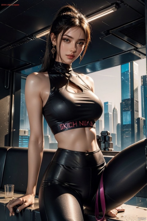 In a world of cyberpunk, there is a sexy beauty wearing a skimpy top, metal earrings and tight yoga pants. Her face is exquisite and her body is perfect.