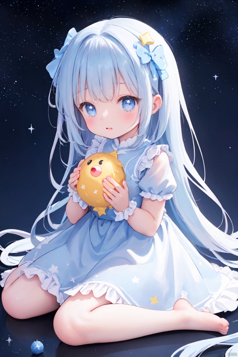 Cute little girl holding a huge star, cute girl around 3 years old, cute girl with big eyes, girl sitting tenderly on the ground, little feet without shoes, yellow glowing stars taller than the little girl, huge stars, glowing stars, starry sky in blue tones for background, blue background, Pixar style, cartoon style, animation style, fairytale world, rich details,