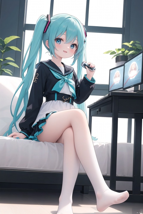 Genshin Impact,Hatsune Miku,wearing Sailor suit and White knee socks, Cross her legs,Happy,In front of the computer, lying on a chair,playing video games,full body,Long Shot(LS), front lighting, mood lighting, hard lighting, Bembrandt Lighting, global illumination, bokeh, Waist Shot( WS) , portrait, front, front view, clean background trending, commercial pictures, Ultimate light and shadow, Ultimate color, Extreme details, 8k