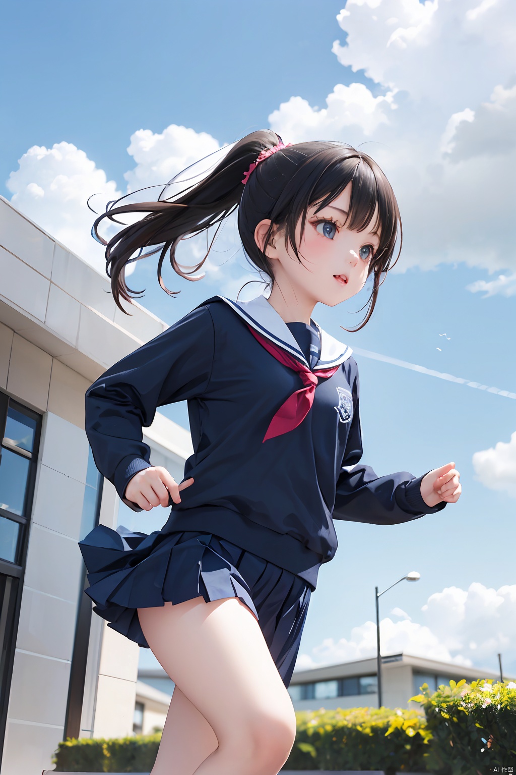 Loli, 1Girl, wearing school uniform, on campus, with a single ponytail, on the side, running happily in the campus, blue sky, rainbow, clouds,