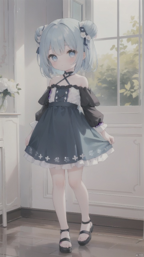  (little loli:1.3), (child:1.2), (Girlish body type), (masterpiece), (best quality), Exquisite visuals, high-definition, (ultra detailed), finely detail, ((solo)),(beautiful detailed eyes), short hair, blue hair, double_bun, asymmetrical bangs, blueberry hair ornament, loveliness, off shoulder, looking at viewer, bare shoulders, standing,((full body)),