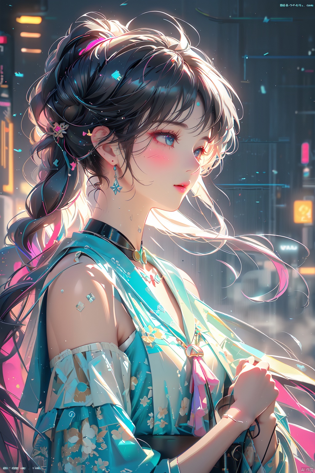Texture matte, Chou Ying, neon light, girl's side, half face, slightly lowered head, upper body, exhaling mist in mouth, sailor moon hairstyle, ceramic patchwork skin, gently touching skin with hands, fluorescent color, master level composition, spacious and distant, cyberpunk, neon light,