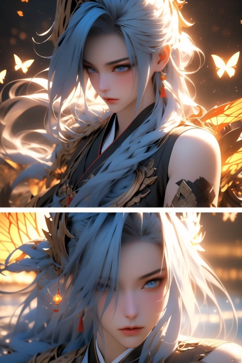 Golden light, blue hair, blue eyes, beautiful girl, smooth and straight hair, 3D effect, film texture, figures accounting for one-third of the picture, bust, butterflies flying around, flames on the hands.