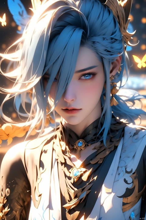 Golden light, blue hair, blue eyes, beautiful girl, smooth and straight hair, 3D effect, film texture, figures accounting for one-third of the picture, bust, butterflies flying around, flames on the hands,blue and white necklace(around her neck), and heroic
