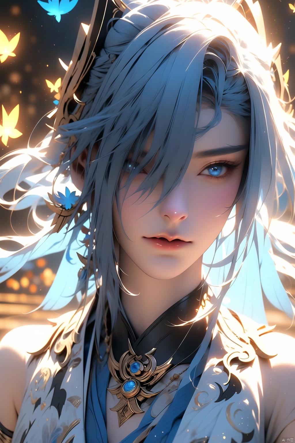 Golden light, blue hair, blue eyes, beautiful girl, smooth and straight hair, 3D effect, film texture, figures accounting for one-third of the picture, bust, butterflies flying around, flames on the hands,blue and white necklace(around her neck), and heroic