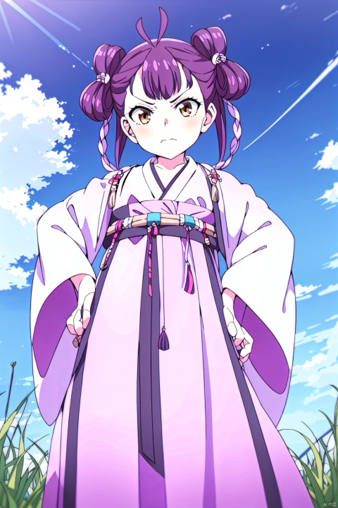 1girl, solo, looking at viewer, bangs, black hair, long sleeves, brown eyes, closed mouth, standing, outdoors, sky, day, cloud, wide sleeves, hair bun, blurry, blue sky, double bun, frown, antenna hair, grass, hair rings, hands on hips, hanfu